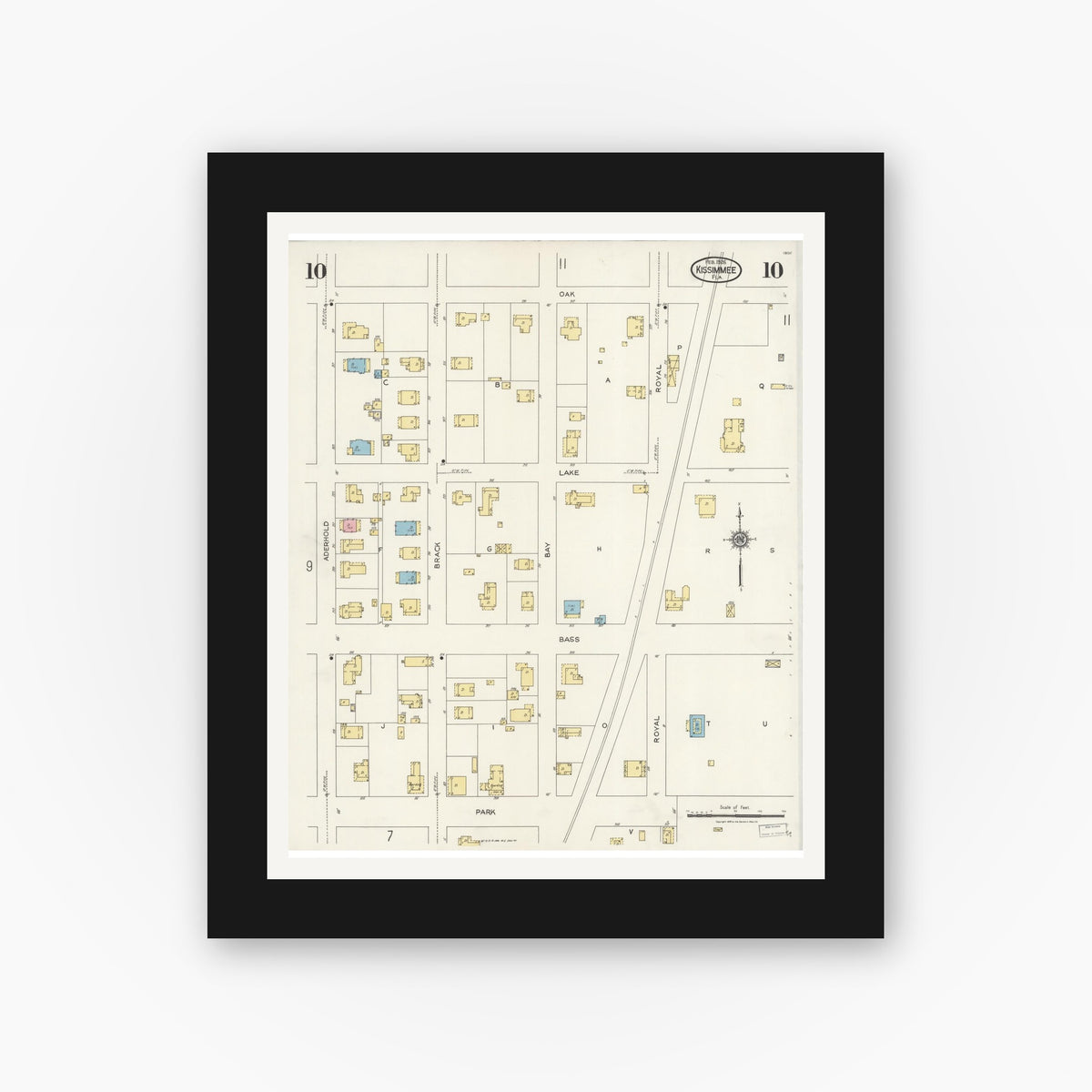 Old map wall art mockup — black gallery frame with white mat — Sanborn Fire Insurance Map from Kissimmee, Osceola County, Florida (1926), Sheet #0010