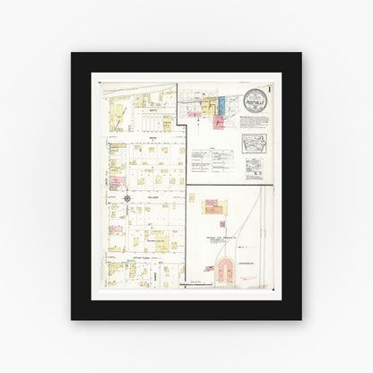 Old map wall art mockup — black gallery frame with white mat — Sanborn Fire Insurance Map from Postville, Allamakee County, Iowa (1913), Sheet #0001