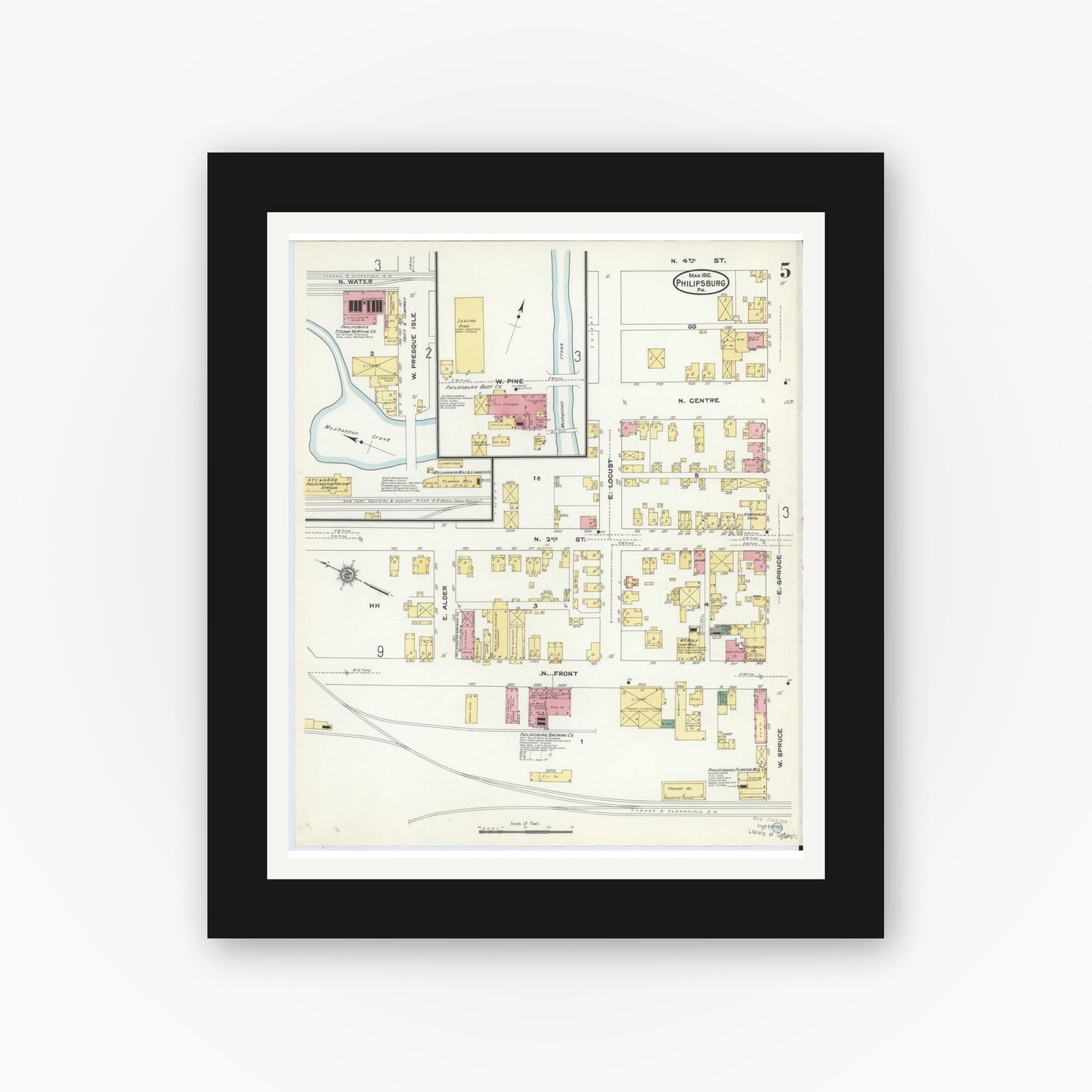 Old map wall art mockup — black gallery frame with white mat — Sanborn Fire Insurance Map from Philipsburg, Centre County, Pennsylvania (1910), Sheet #0005