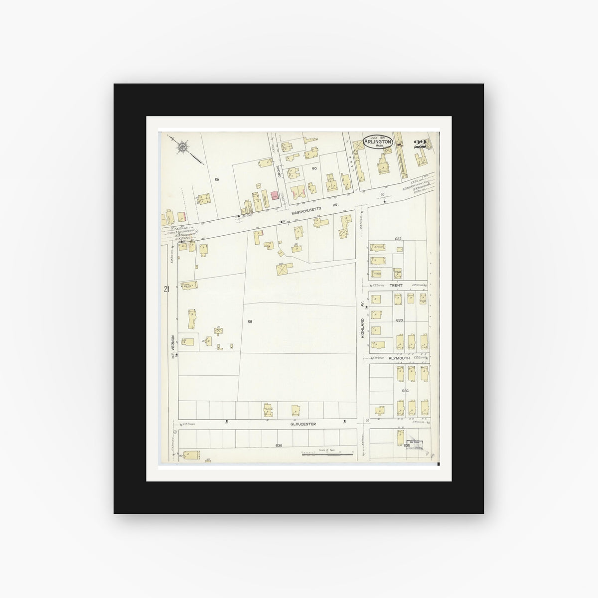 Old map wall art mockup — black gallery frame with white mat — Sanborn Fire Insurance Map from Arlington, Middlesex County, Massachusetts (1914), Sheet #0022