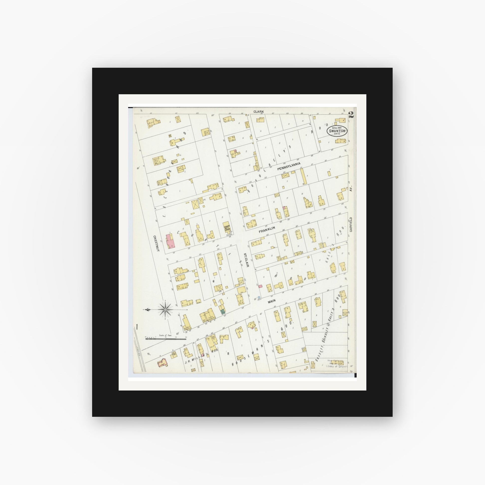 Old map wall art mockup — black gallery frame with white mat — Sanborn Fire Insurance Map from Swanton, Fulton County, Ohio (1901), Sheet #0002