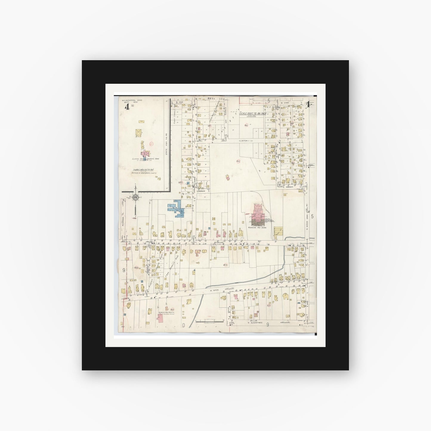 Old map wall art mockup — black gallery frame with white mat — Sanborn Fire Insurance Map from Wilmington, Clinton County, Ohio (1949), Sheet #0004