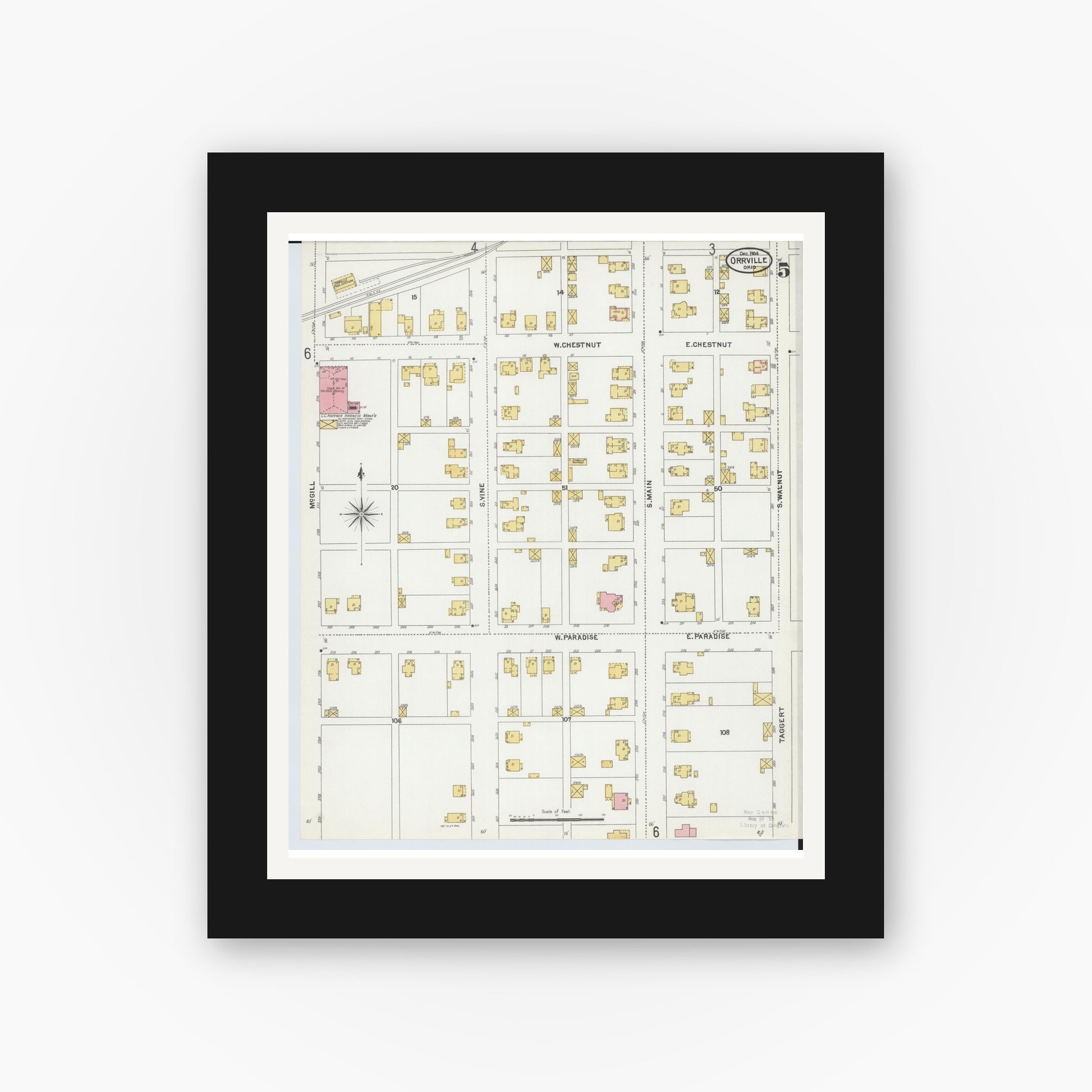 Old map wall art mockup — black gallery frame with white mat — Sanborn Fire Insurance Map from Orrville, Wayne County, Ohio (1904), Sheet #0005