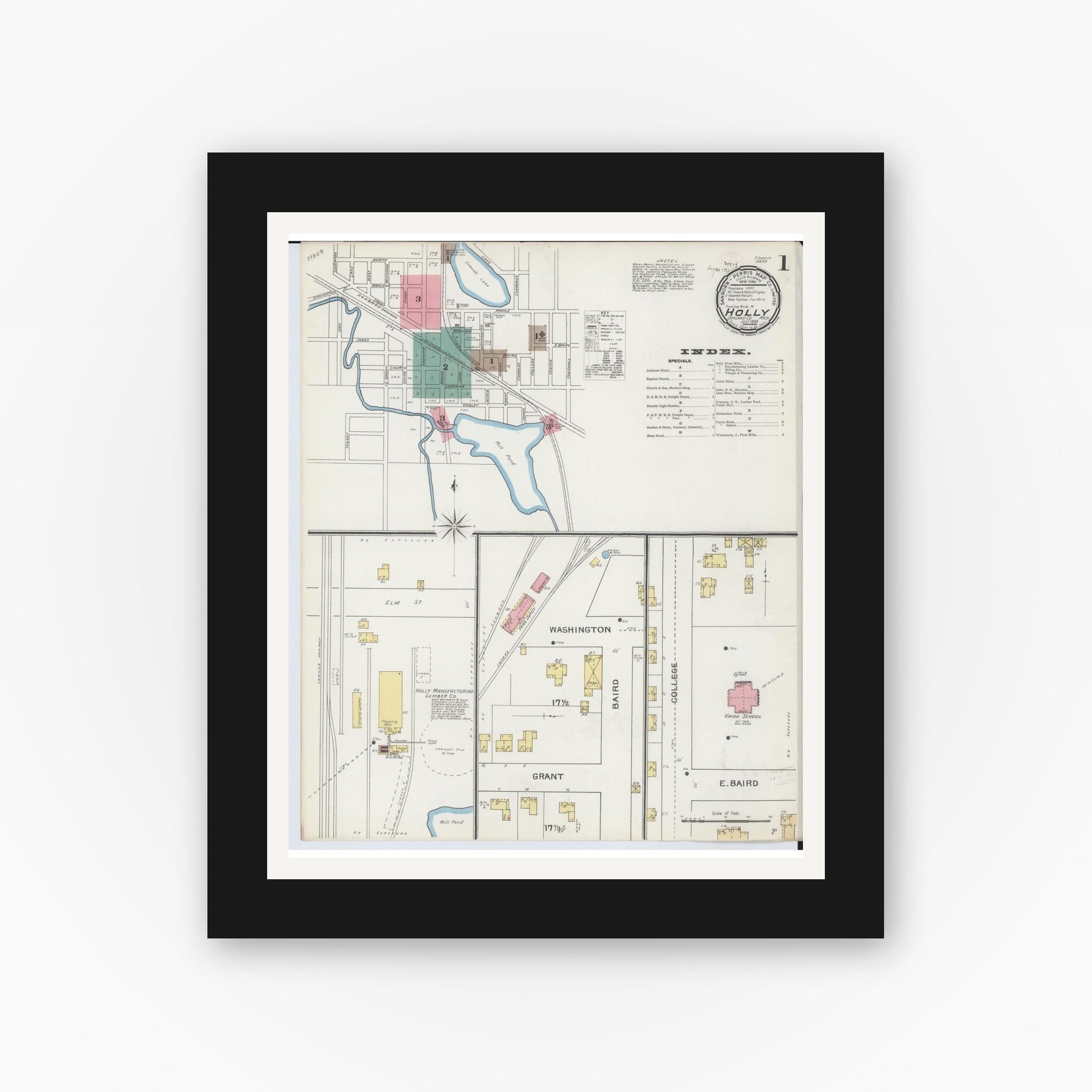 Old map wall art mockup — black gallery frame with white mat — Sanborn Fire Insurance Map from Holly, Oakland County, Michigan (1893) - Complete Map Set