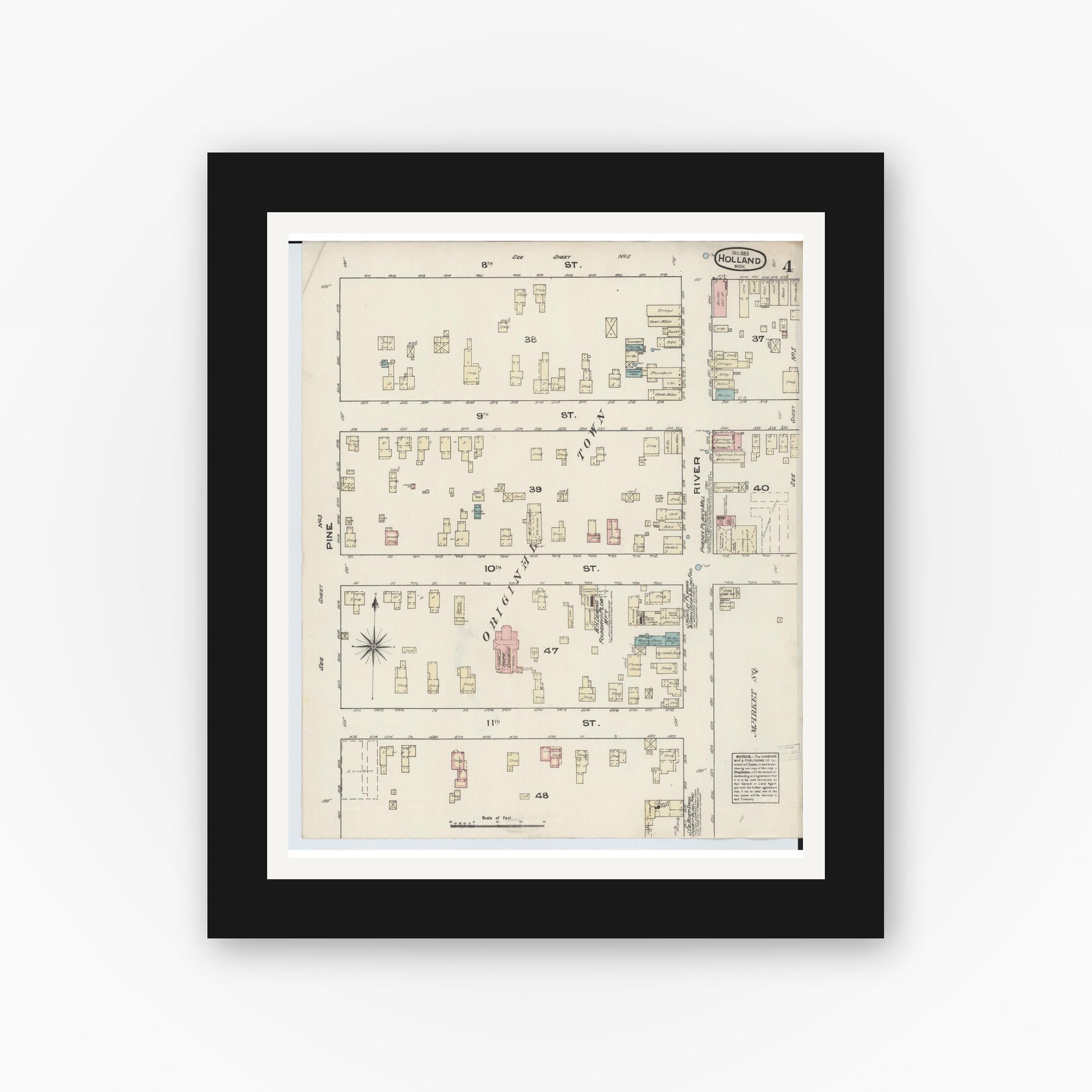 Old map wall art mockup — black gallery frame with white mat — Sanborn Fire Insurance Map from Holland, Ottawa County, Michigan (1883), Sheet #0004