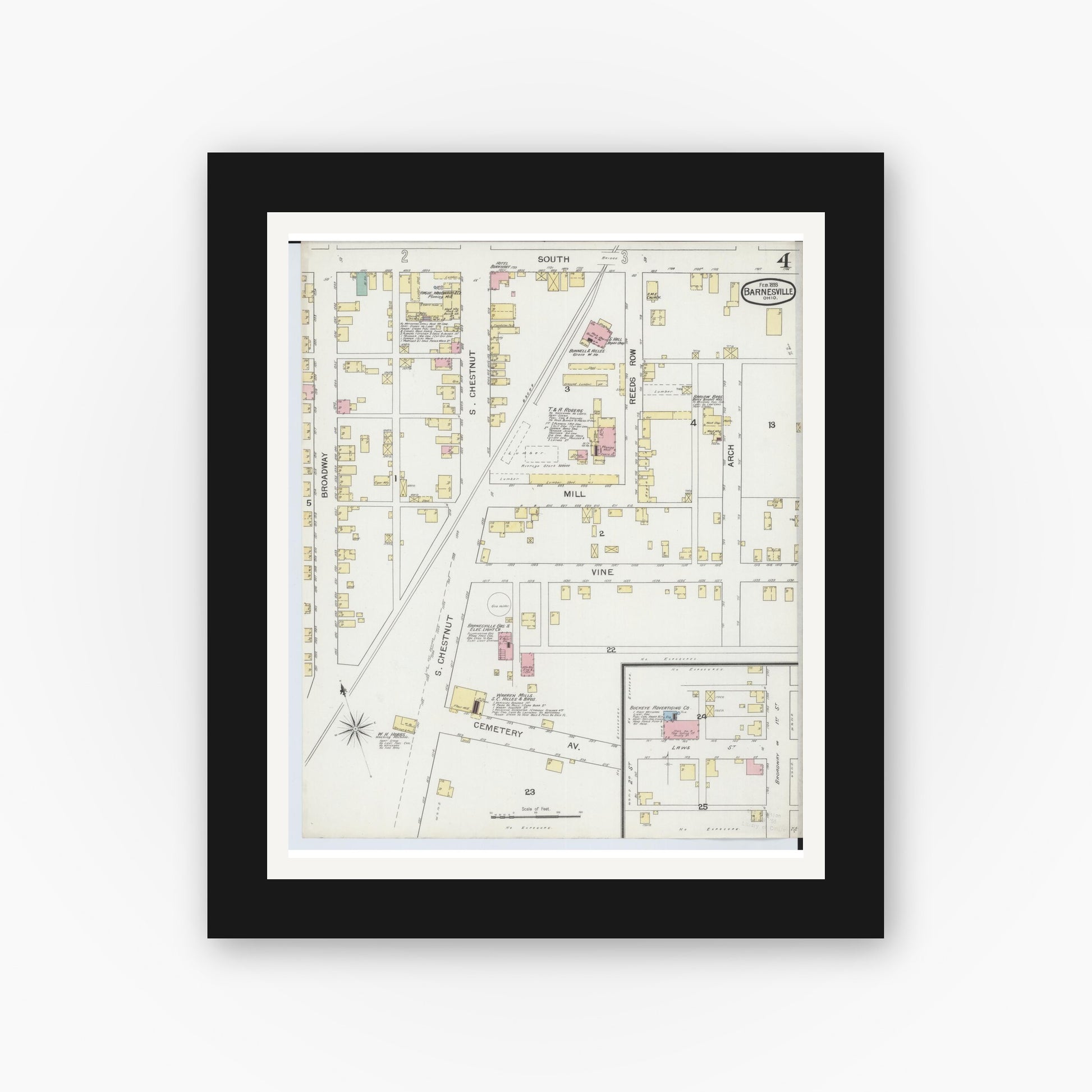Old map wall art mockup — black gallery frame with white mat — Sanborn Fire Insurance Map from Barnesville, Belmont County, Ohio (1893), Sheet #0004