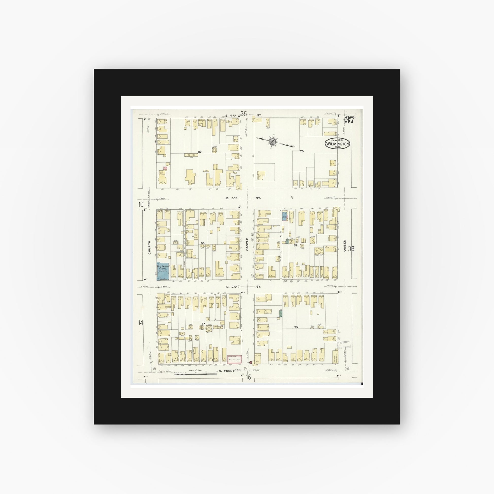 Old map wall art mockup — black gallery frame with white mat — Sanborn Fire Insurance Map from Wilmington, New Hanover County, North Carolina (1910), Sheet #0037