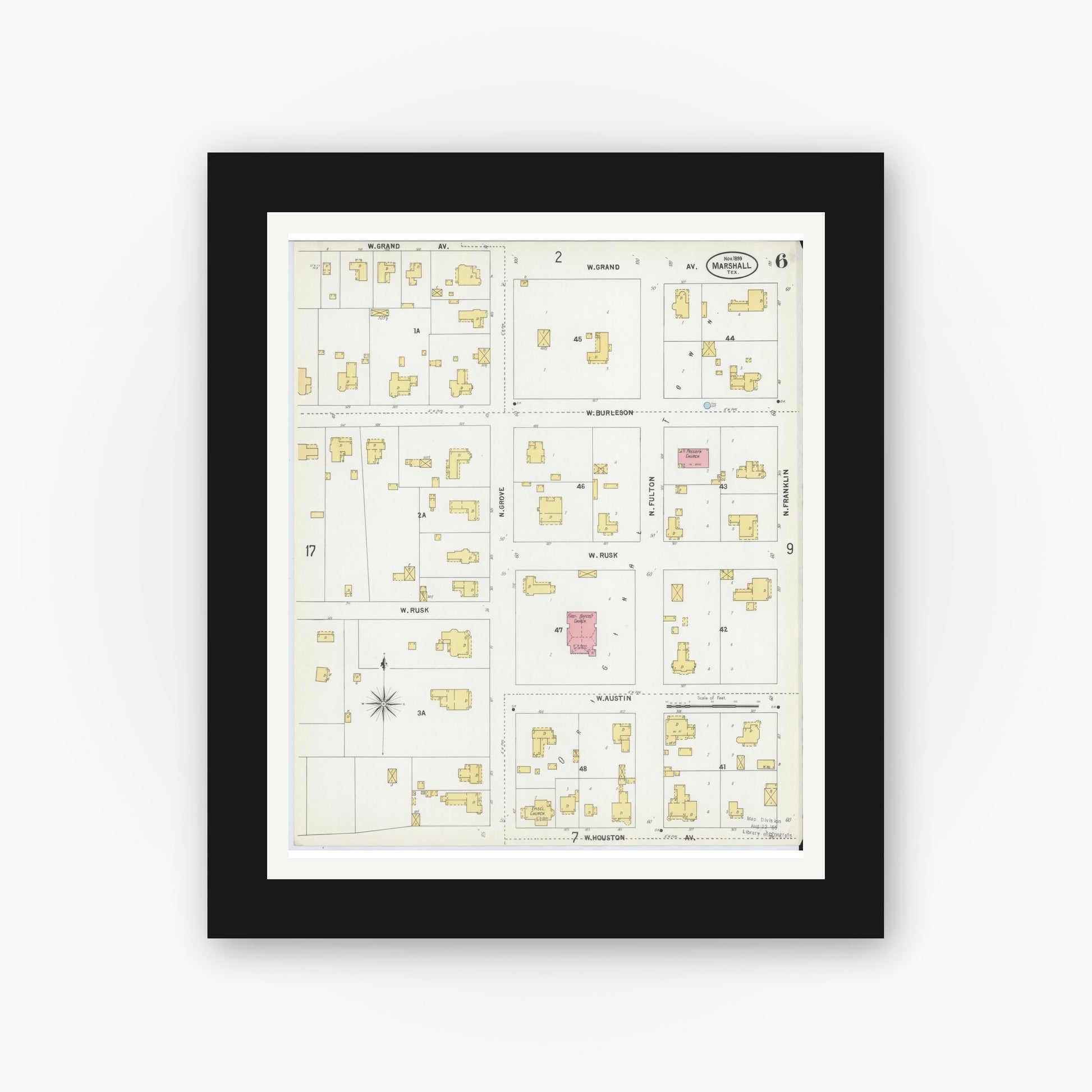 Old map wall art mockup — black gallery frame with white mat — Sanborn Fire Insurance Map from Marshall, Harrison County, Texas (1899), Sheet #0006