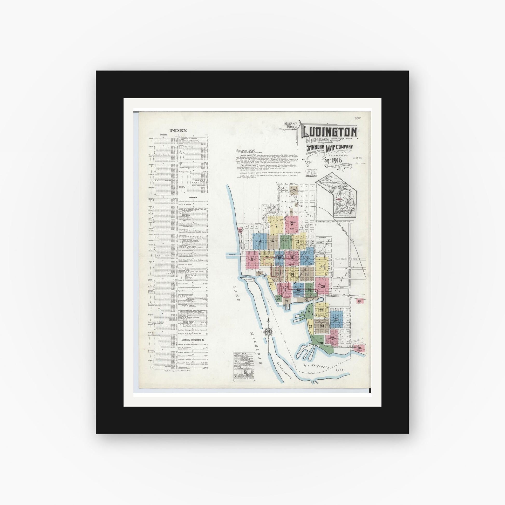 Old map wall art mockup — black gallery frame with white mat — Sanborn Fire Insurance Map from Ludington, Mason County, Michigan (1916) - Complete Map Set