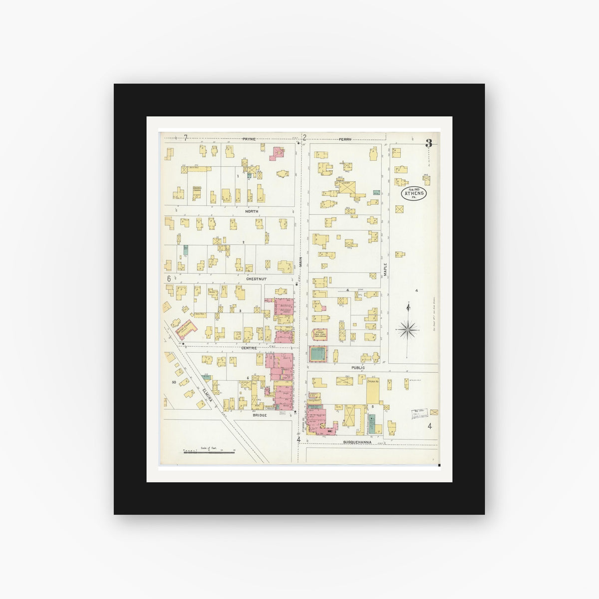 Old map wall art mockup — black gallery frame with white mat — Sanborn Fire Insurance Map from Athens, Bradford County, Pennsylvania (1903), Sheet #0003