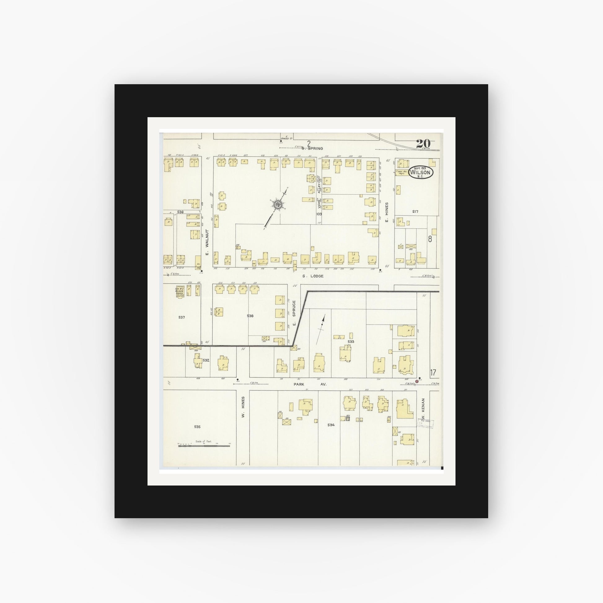 Old map wall art mockup — black gallery frame with white mat — Sanborn Fire Insurance Map from Wilson, Wilson County, North Carolina (1913), Sheet #0020