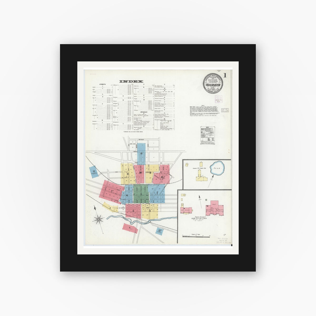 Old map wall art mockup — black gallery frame with white mat — Sanborn Fire Insurance Map from Waxahachie, Ellis County, Texas (1904) - Complete Map Set