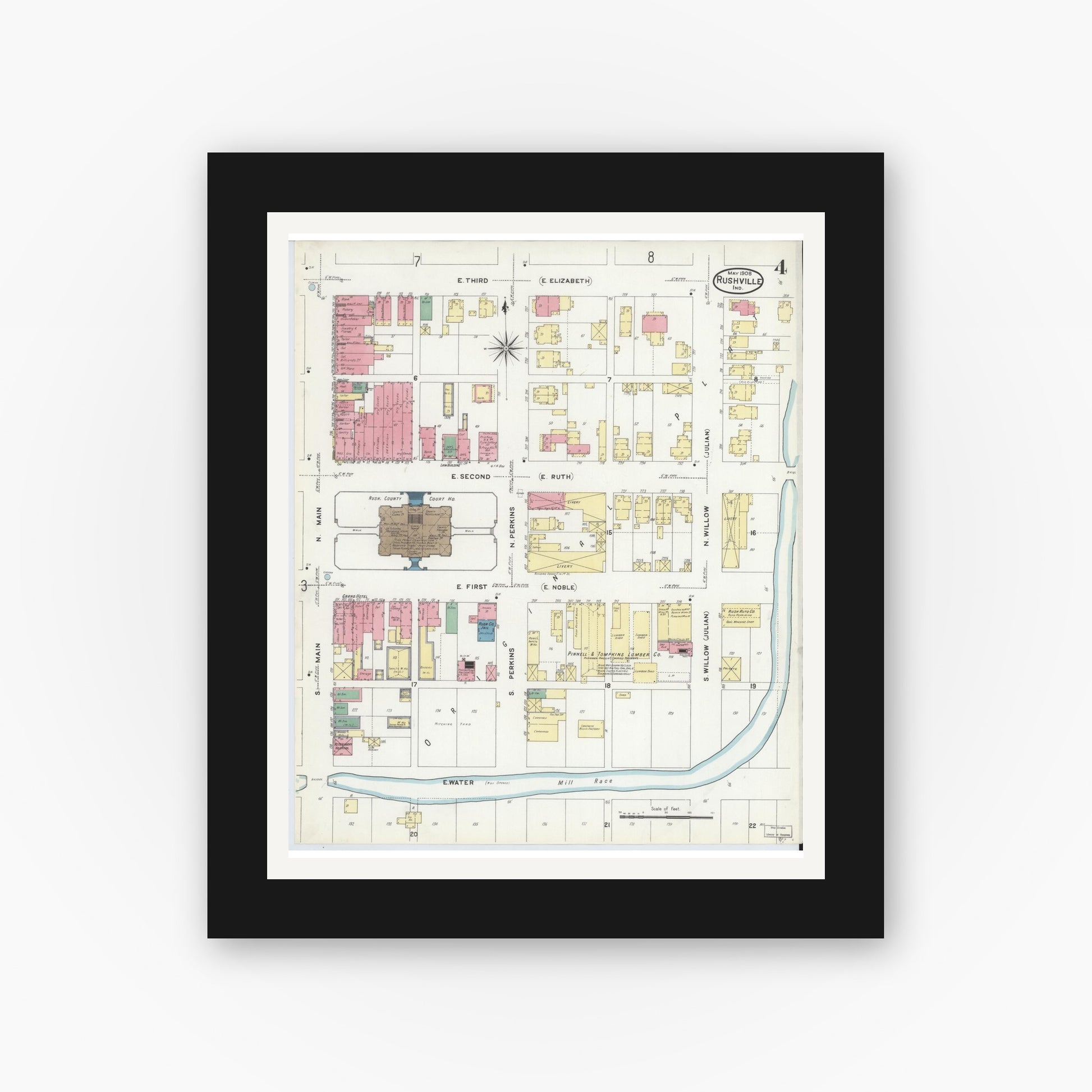 Old map wall art mockup — black gallery frame with white mat — Sanborn Fire Insurance Map from Rushville, Rush County, Indiana (1908), Sheet #0004