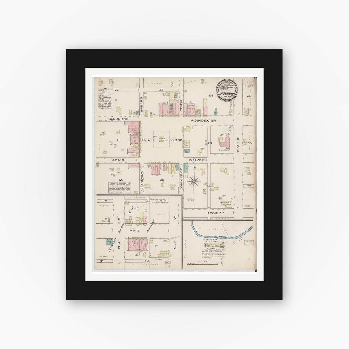 Old map wall art mockup — black gallery frame with white mat — Sanborn Fire Insurance Map from Alvarado, Johnson County, Texas (1885), Sheet #0001