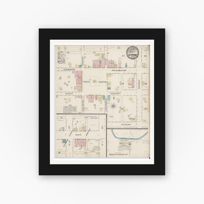 Old map wall art mockup — black gallery frame with white mat — Sanborn Fire Insurance Map from Alvarado, Johnson County, Texas (1885), Sheet #0001
