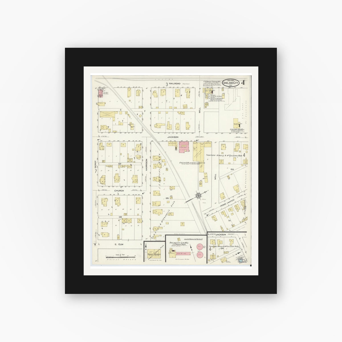 Old map wall art mockup — black gallery frame with white mat — Sanborn Fire Insurance Map from Oakland City, Gibson County, Indiana (1913), Sheet #0004