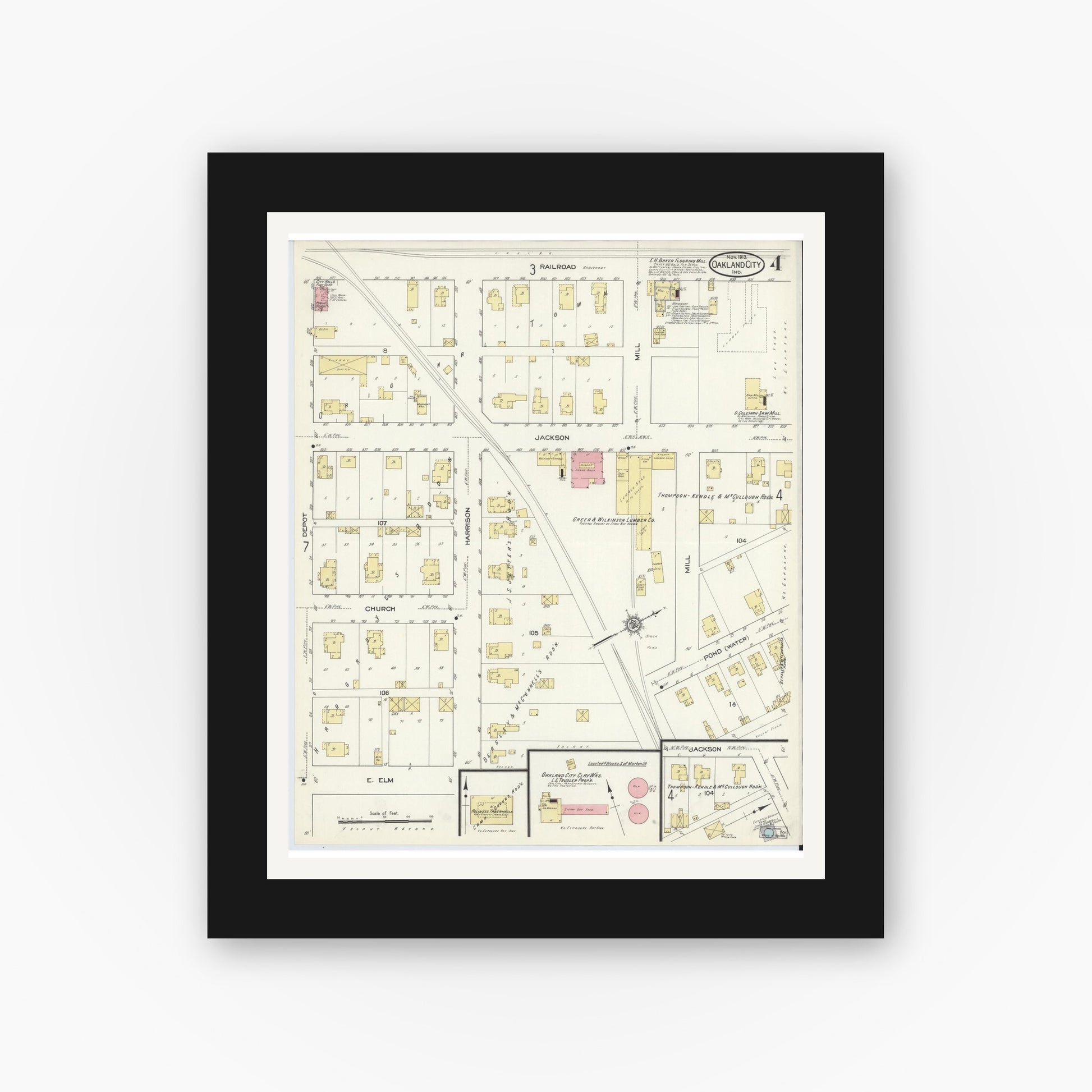 Old map wall art mockup — black gallery frame with white mat — Sanborn Fire Insurance Map from Oakland City, Gibson County, Indiana (1913), Sheet #0004