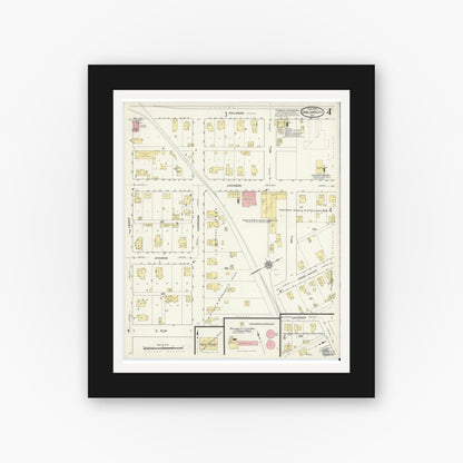 Old map wall art mockup — black gallery frame with white mat — Sanborn Fire Insurance Map from Oakland City, Gibson County, Indiana (1913), Sheet #0004