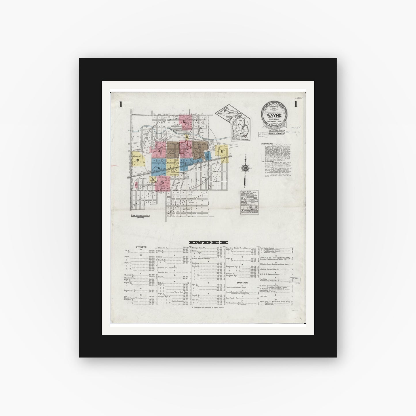 Old map wall art mockup — black gallery frame with white mat — Sanborn Fire Insurance Map from Wayne, Wayne County, Michigan (1926) - Complete Map Set