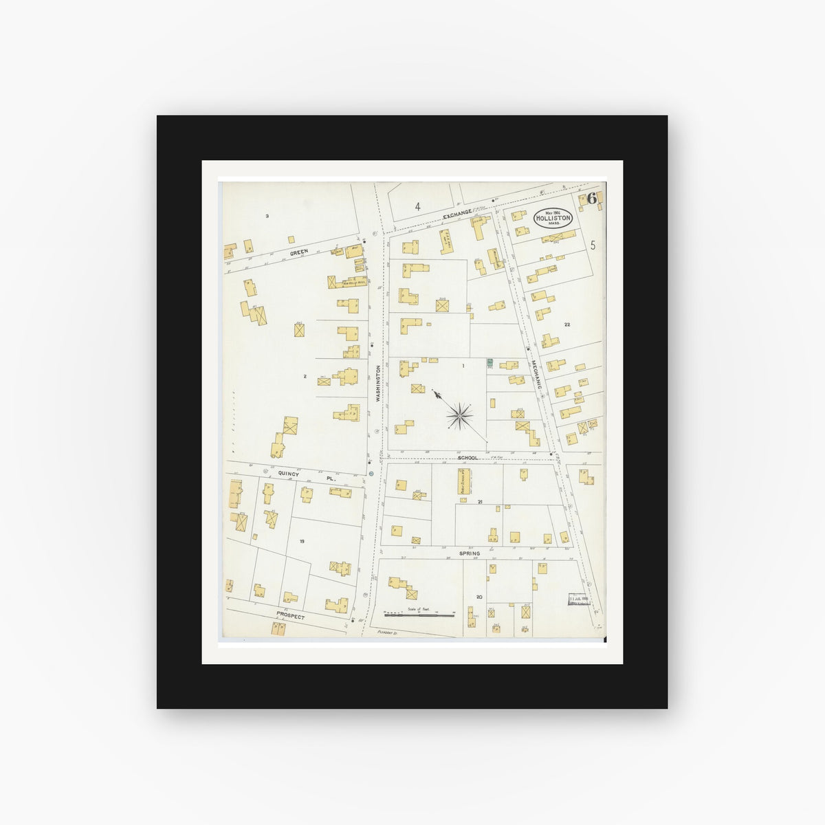 Old map wall art mockup — black gallery frame with white mat — Sanborn Fire Insurance Map from Holliston, Middlesex County, Massachusetts (1906), Sheet #0006