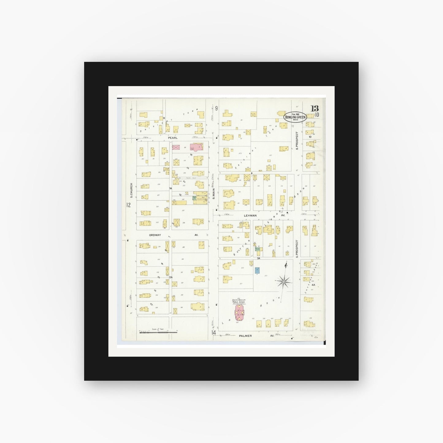 Old map wall art mockup — black gallery frame with white mat — Sanborn Fire Insurance Map from Bowling Green, Wood County, Ohio (1908), Sheet #0013