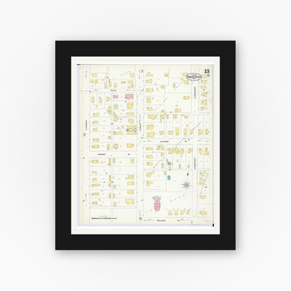 Old map wall art mockup — black gallery frame with white mat — Sanborn Fire Insurance Map from Bowling Green, Wood County, Ohio (1908), Sheet #0013
