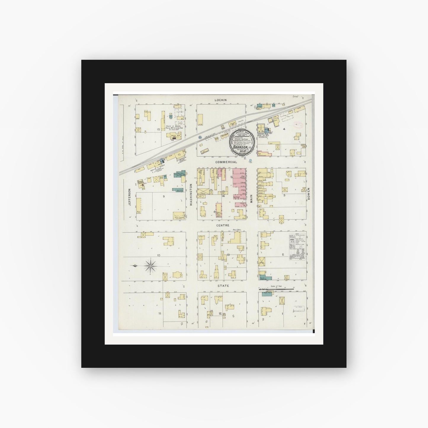 Old map wall art mockup — black gallery frame with white mat — Sanborn Fire Insurance Map from Brandon, Fond du Lac County, Wisconsin (1894), Sheet #0001
