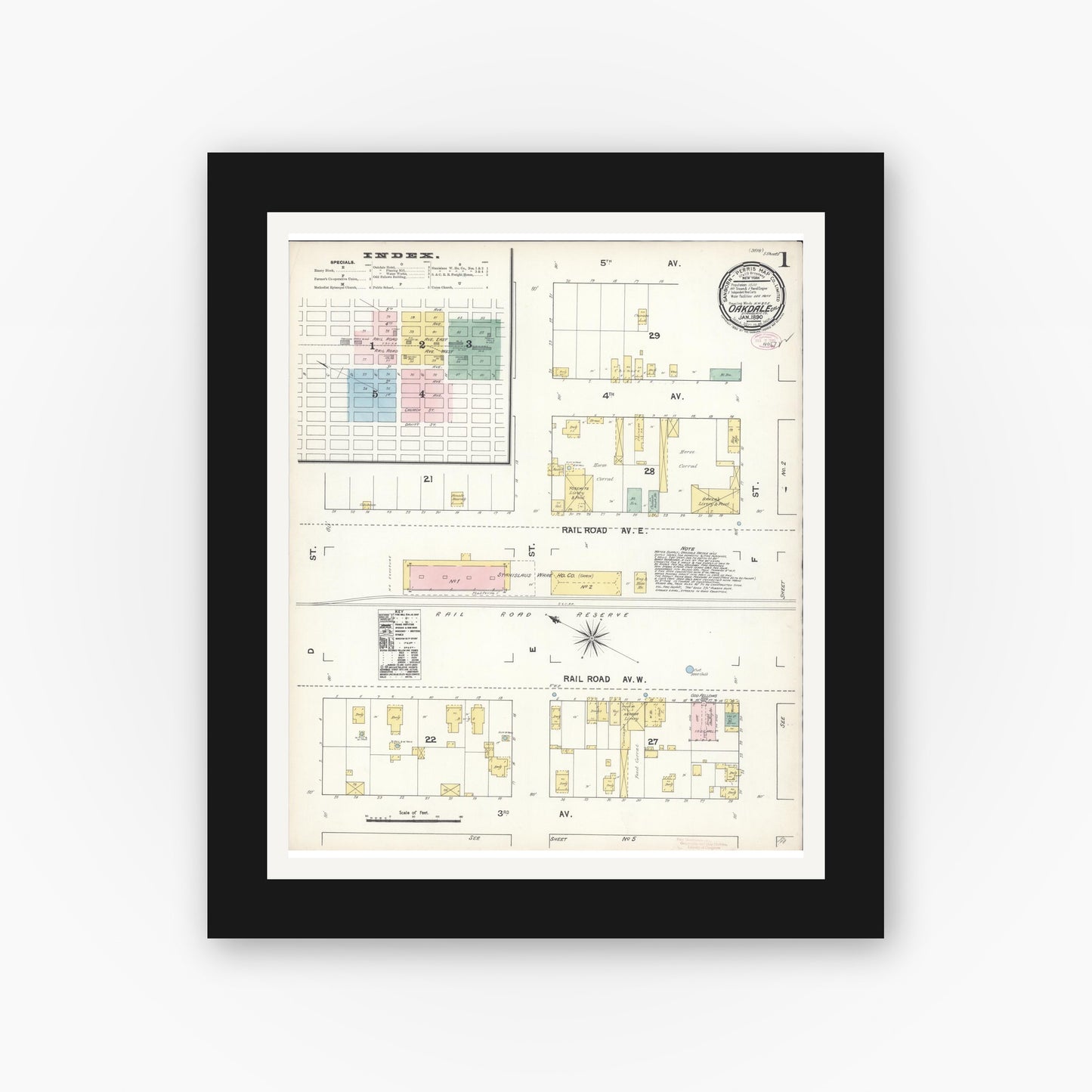 Old map wall art mockup — black gallery frame with white mat — Sanborn Fire Insurance Map from Oakdale, Stanislaus County, California (1890), Sheet #0001