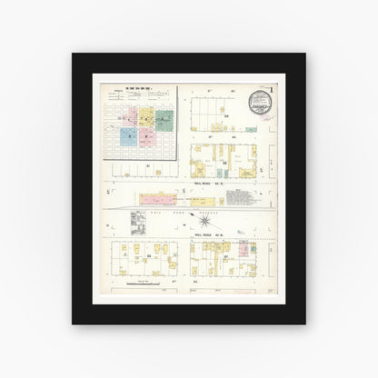 Old map wall art mockup — black gallery frame with white mat — Sanborn Fire Insurance Map from Oakdale, Stanislaus County, California (1890), Sheet #0001