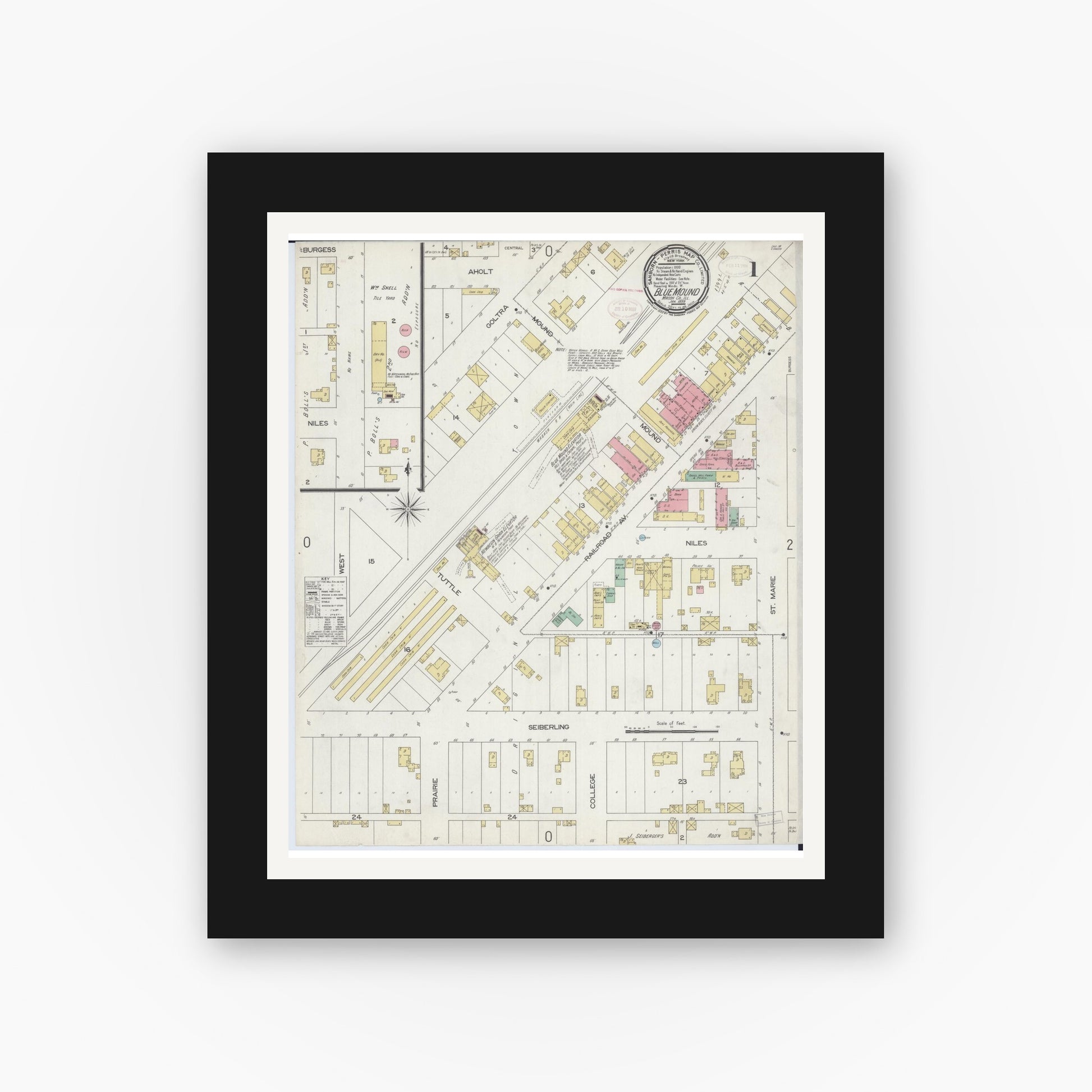Old map wall art mockup — black gallery frame with white mat — Sanborn Fire Insurance Map from Blue Mound, Macon County, Illinois (1899) - Complete Map Set