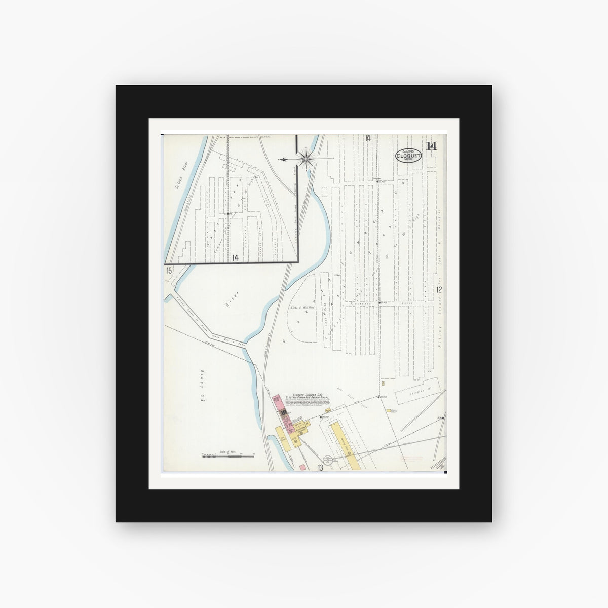 Old map wall art mockup — black gallery frame with white mat — Sanborn Fire Insurance Map from Cloquet, Carlton County, Minnesota (1905), Sheet #0014