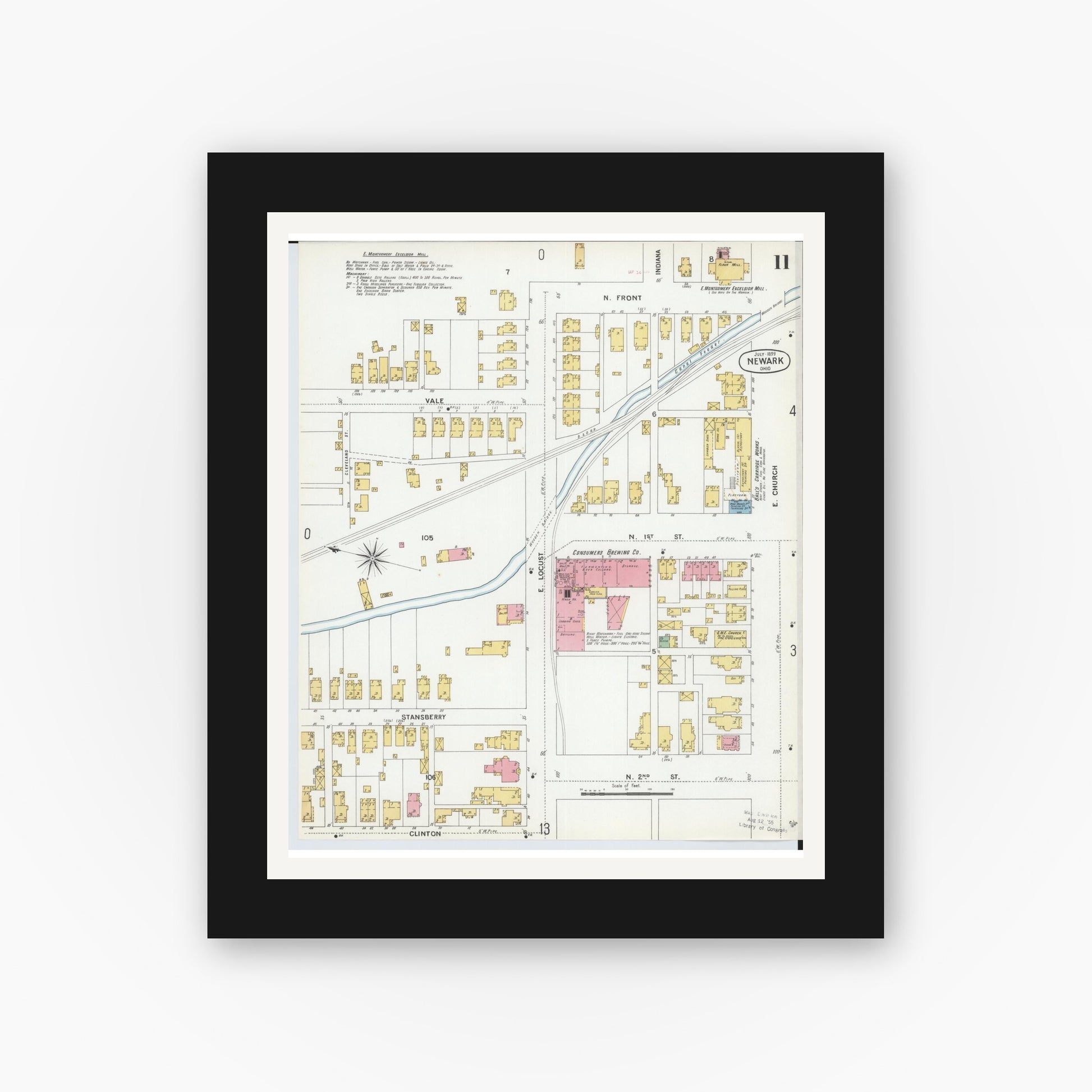 Old map wall art mockup — black gallery frame with white mat — Sanborn Fire Insurance Map from Newark, Licking County, Ohio (1899), Sheet #0011