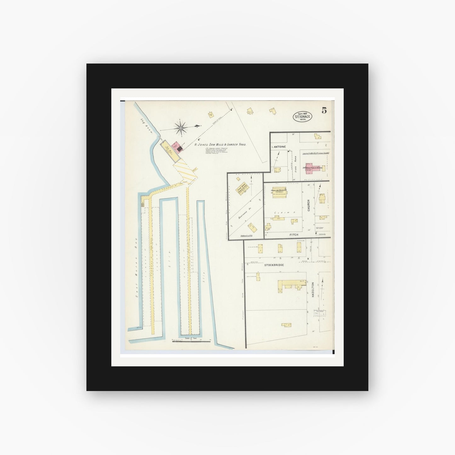 Old map wall art mockup — black gallery frame with white mat — Sanborn Fire Insurance Map from Saint Ignace, Mackinac County, Michigan (1907), Sheet #0005