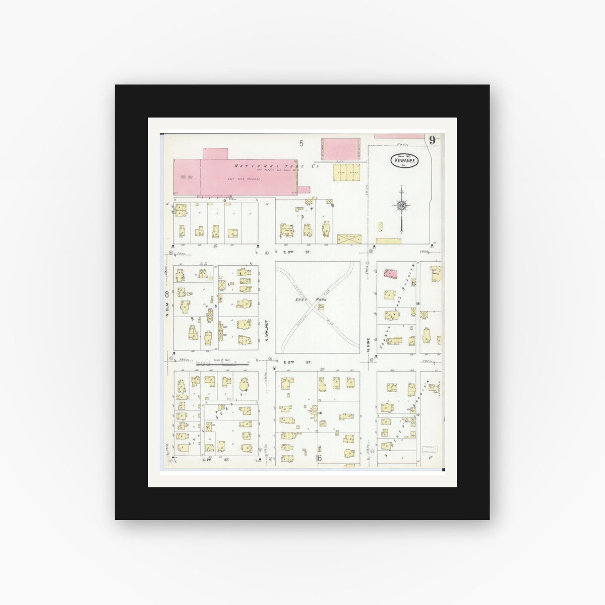 Old map wall art mockup — black gallery frame with white mat — Sanborn Fire Insurance Map from Kewanee, Henry County, Illinois (1910), Sheet #0009