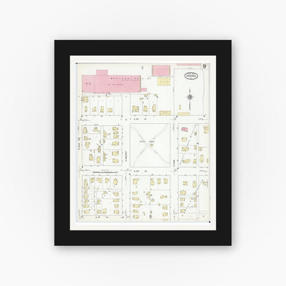 Old map wall art mockup — black gallery frame with white mat — Sanborn Fire Insurance Map from Kewanee, Henry County, Illinois (1910), Sheet #0009