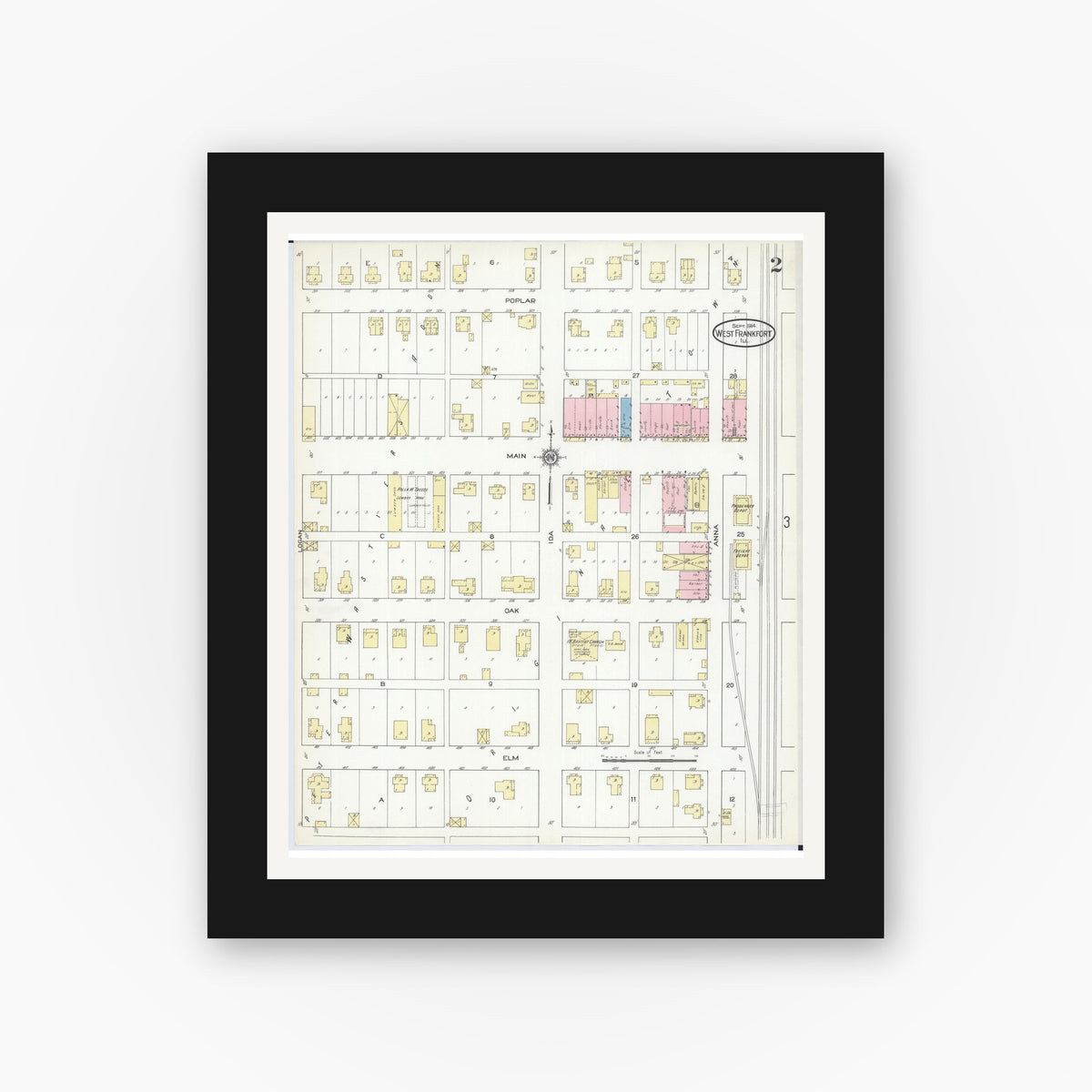 Old map wall art mockup — black gallery frame with white mat — Sanborn Fire Insurance Map from West Frankfort, Franklin County, Illinois (1914), Sheet #0002
