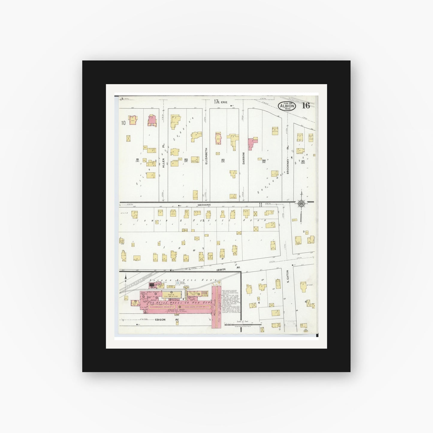 Old map wall art mockup — black gallery frame with white mat — Sanborn Fire Insurance Map from Albion, Calhoun County, Michigan (1918), Sheet #0016