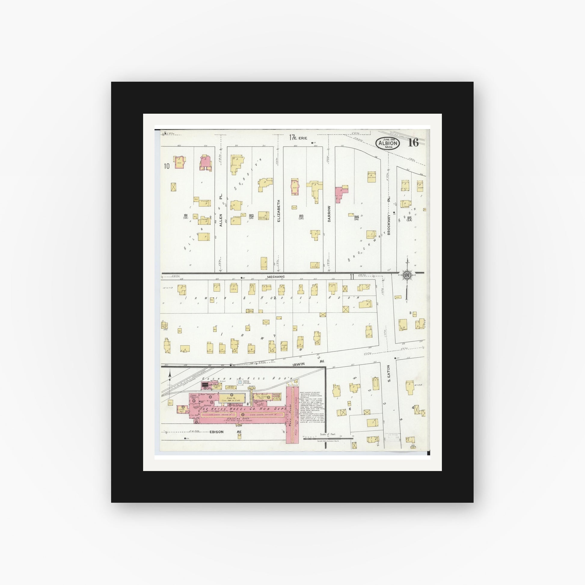 Old map wall art mockup — black gallery frame with white mat — Sanborn Fire Insurance Map from Albion, Calhoun County, Michigan (1918), Sheet #0016