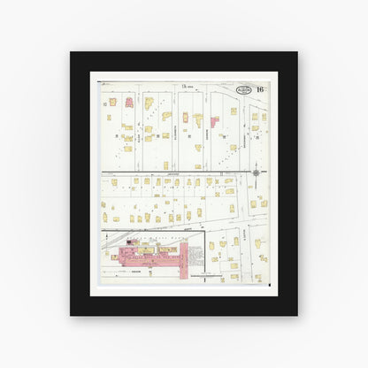 Old map wall art mockup — black gallery frame with white mat — Sanborn Fire Insurance Map from Albion, Calhoun County, Michigan (1918), Sheet #0016
