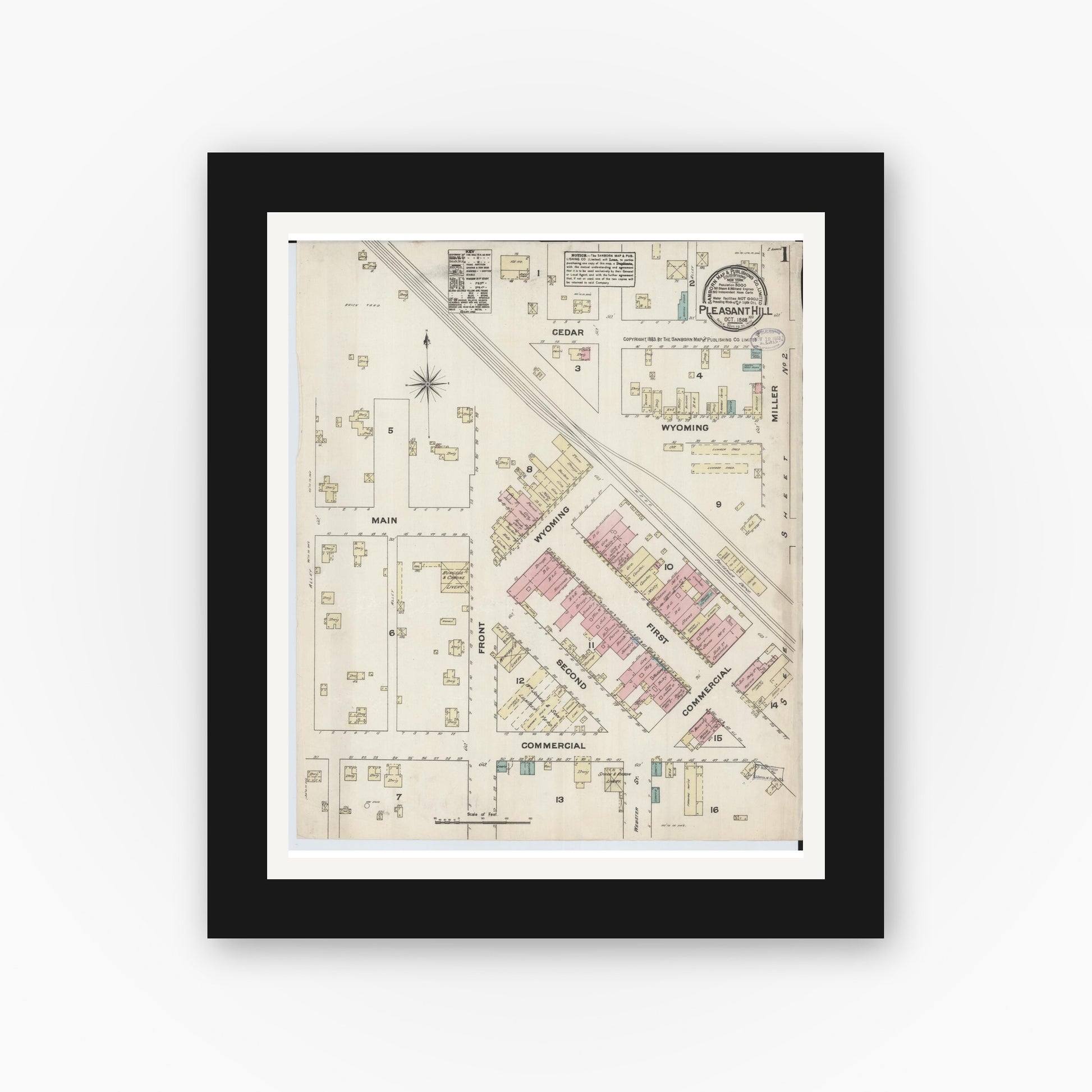 Old map wall art mockup — black gallery frame with white mat — Sanborn Fire Insurance Map from Pleasant Hill, Cass County, Missouri (1883) - Complete Map Set