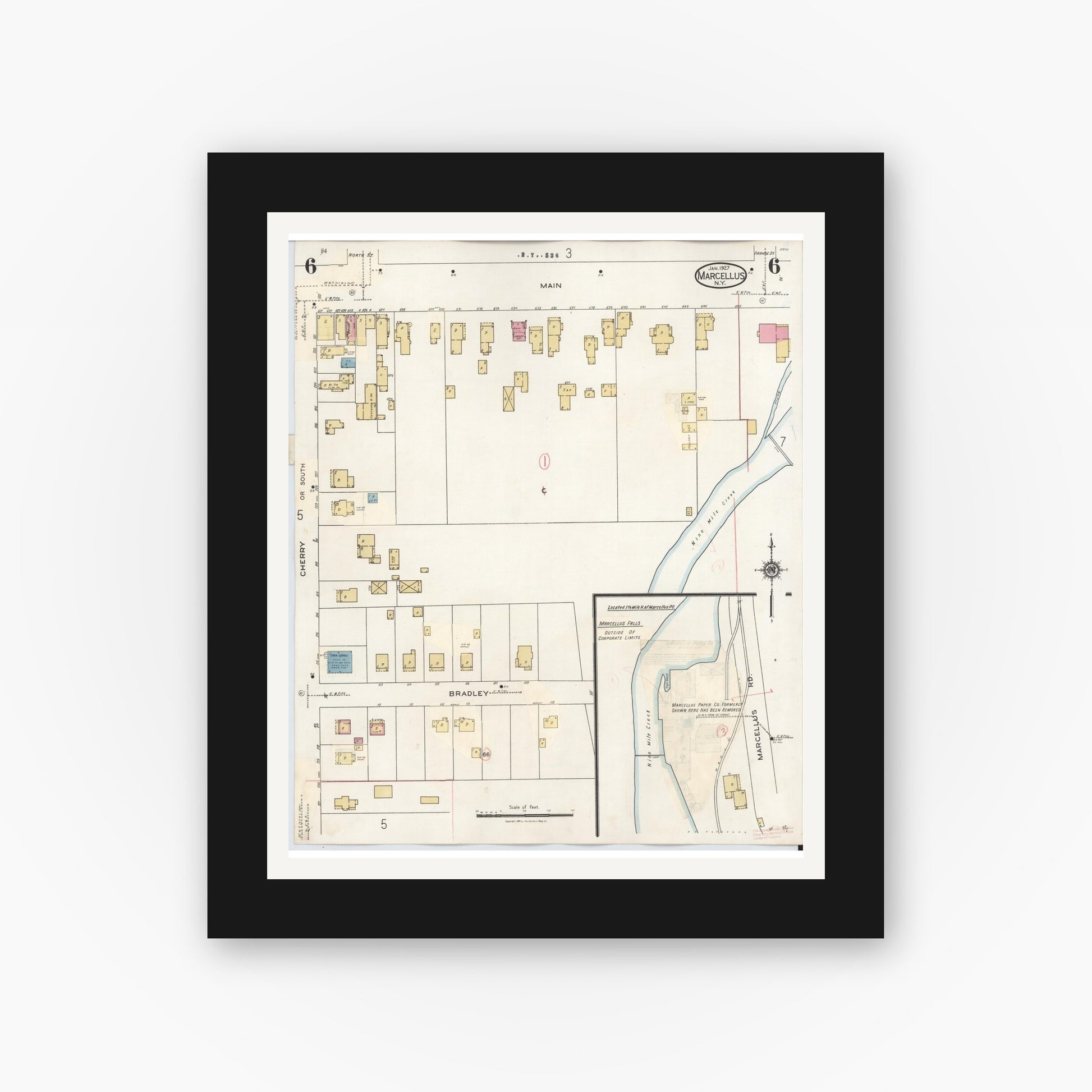 Old map wall art mockup — black gallery frame with white mat — Sanborn Fire Insurance Map from Marcellus, Onondaga County, New York (1937), Sheet #0006