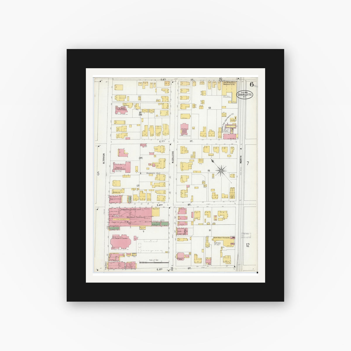 Old map wall art mockup — black gallery frame with white mat — Sanborn Fire Insurance Map from Charlotte, Mecklenburg County, North Carolina (1900), Sheet #0006