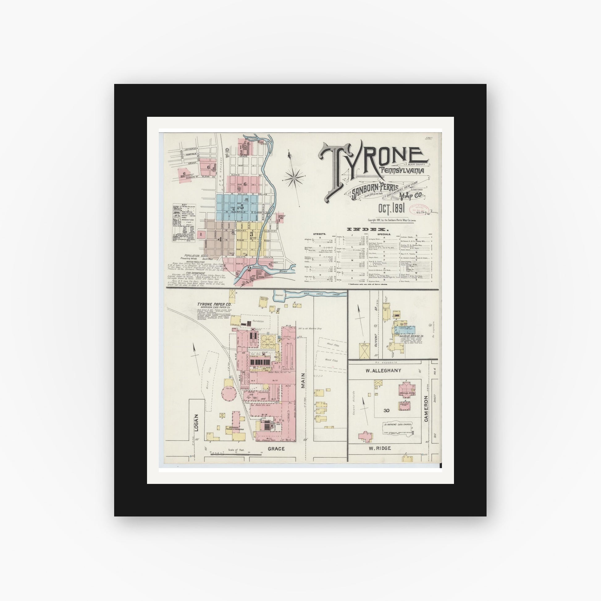 Old map wall art mockup — black gallery frame with white mat — Sanborn Fire Insurance Map from Tyrone, Blair County, Pennsylvania (1891) - Complete Map Set