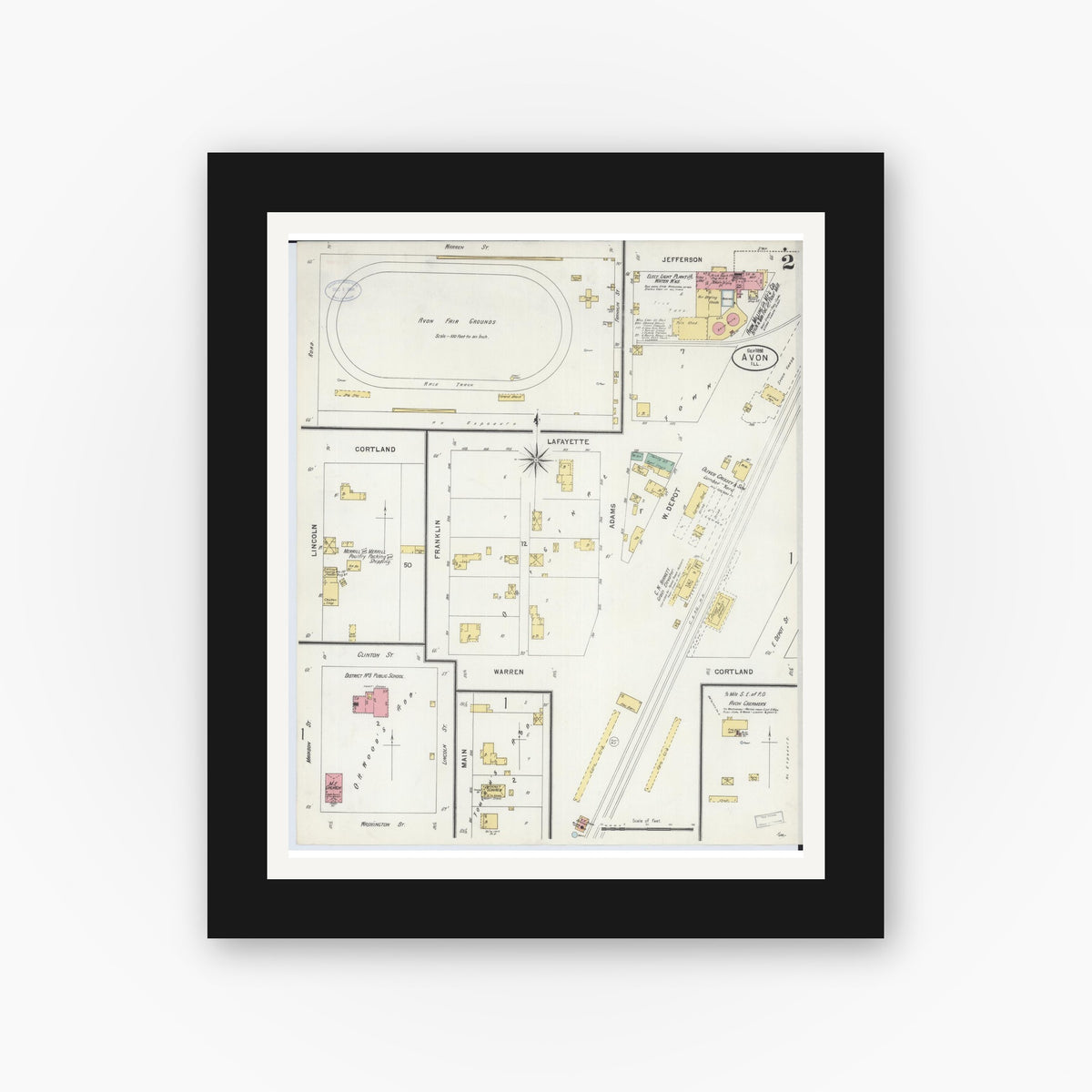 Old map wall art mockup — black gallery frame with white mat — Sanborn Fire Insurance Map from Avon, Fulton County, Illinois (1898), Sheet #0002