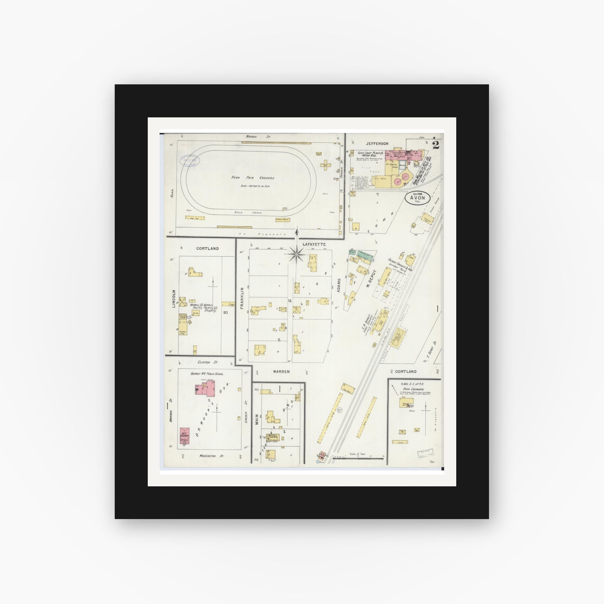 Old map wall art mockup — black gallery frame with white mat — Sanborn Fire Insurance Map from Avon, Fulton County, Illinois (1898), Sheet #0002