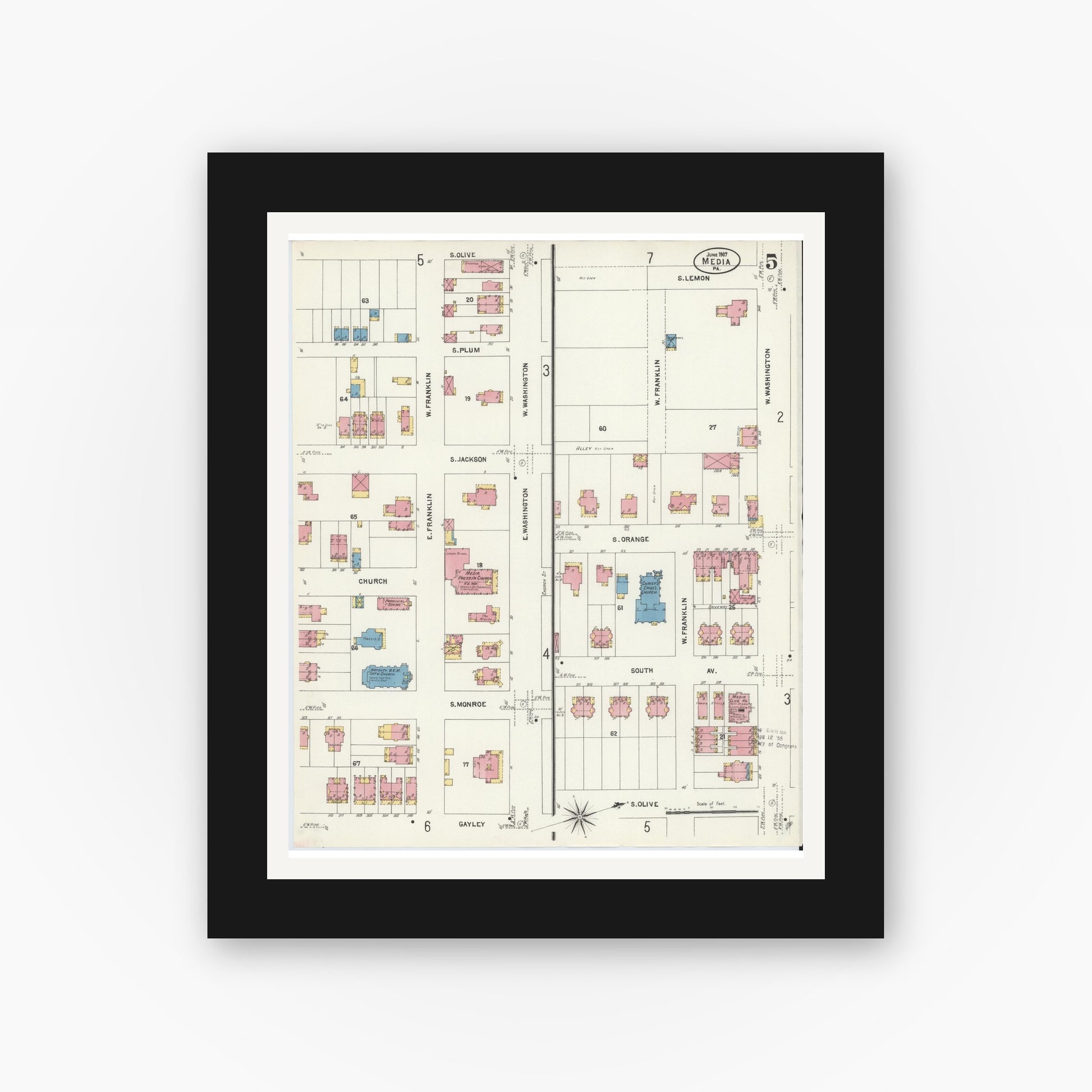 Old map wall art mockup — black gallery frame with white mat — Sanborn Fire Insurance Map from Media, Delaware County, Pennsylvania (1907), Sheet #0005