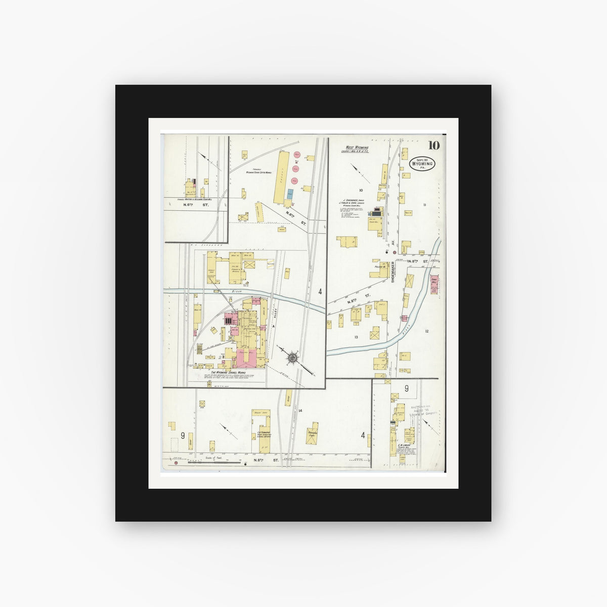 Old map wall art mockup — black gallery frame with white mat — Sanborn Fire Insurance Map from Wyoming, Luzerne County, Pennsylvania (1911), Sheet #0010