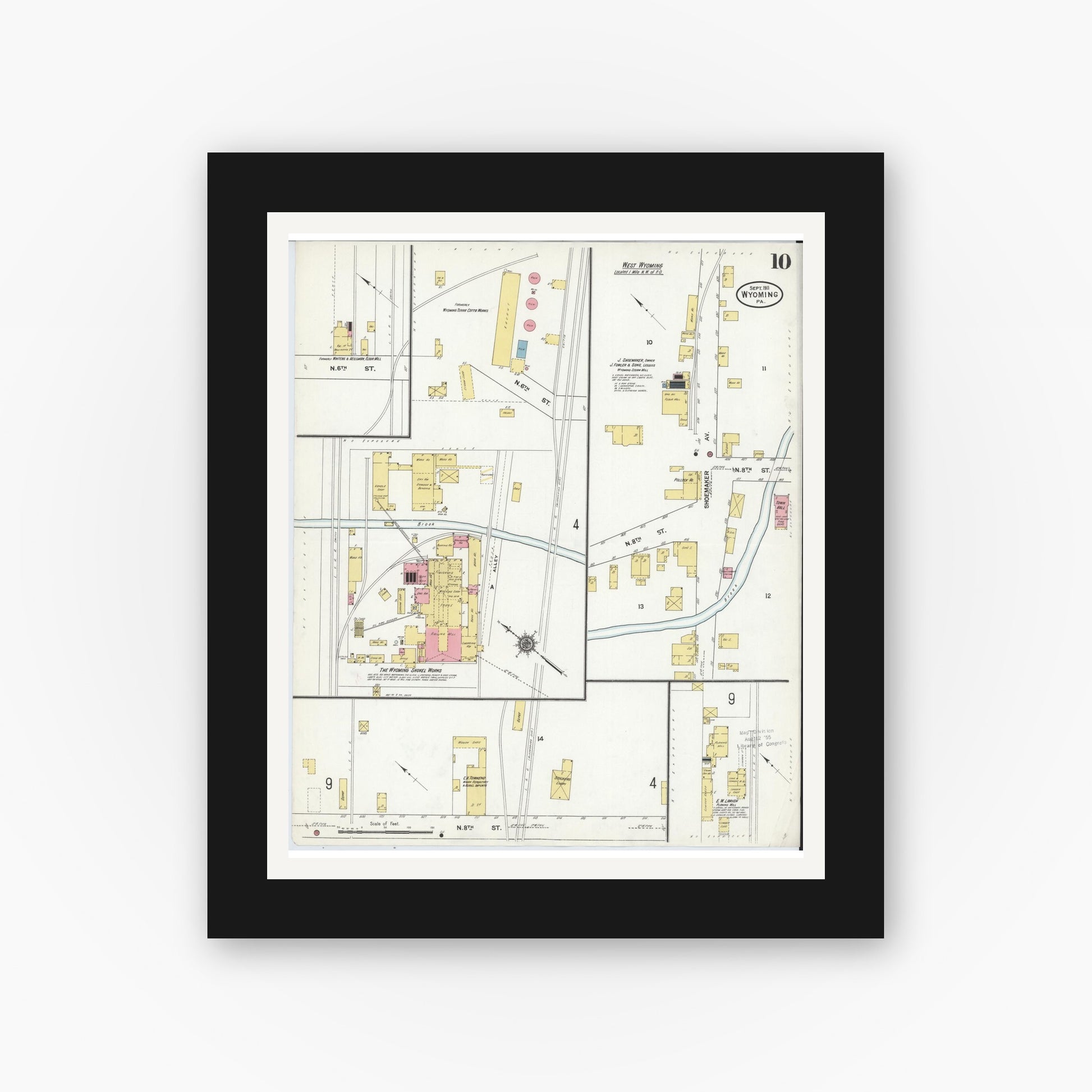 Old map wall art mockup — black gallery frame with white mat — Sanborn Fire Insurance Map from Wyoming, Luzerne County, Pennsylvania (1911), Sheet #0010