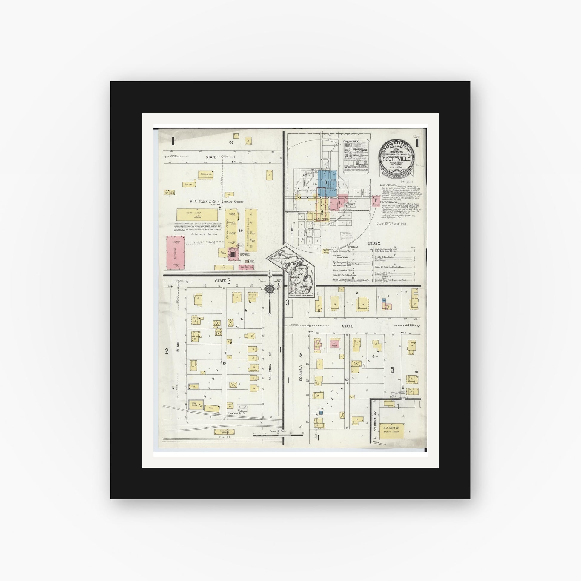 Old map wall art mockup — black gallery frame with white mat — Sanborn Fire Insurance Map from Scottville, Mason County, Michigan (1924), Sheet #0001
