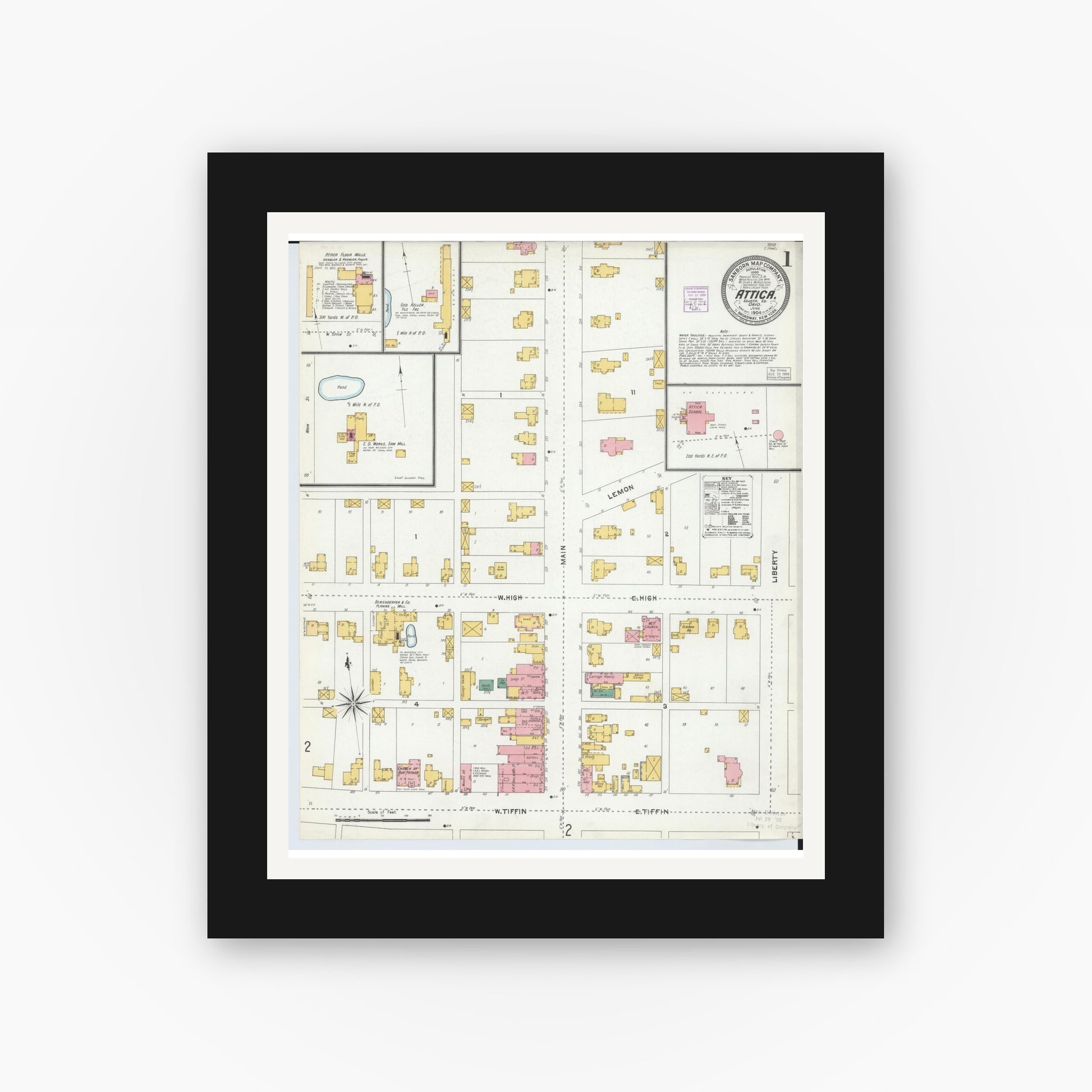 Old map wall art mockup — black gallery frame with white mat — Sanborn Fire Insurance Map from Attica, Seneca County, Ohio (1904) - Complete Map Set